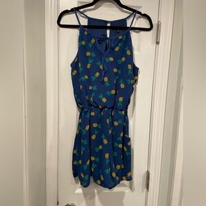 As U Wish Size L Blue Pineapple Halter Button Back Romper Shorts Pockets Lined